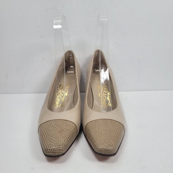 Salvatore Ferragamo Beige Leather & Snakeskin Cap Toe Pumps US Size 6 AAAA - Picture 3 of 10